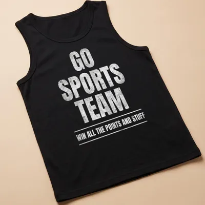 Distressed design with humorous sports team text in white and gray — printed on a tank top