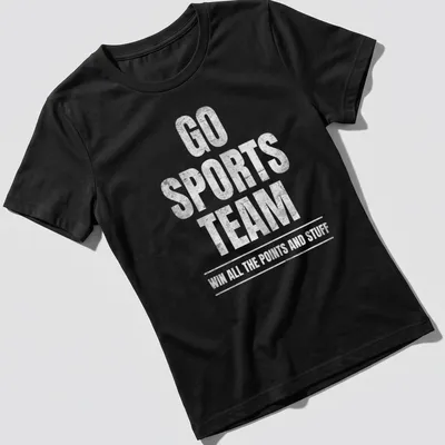 Distressed design with humorous sports team text in white and gray — printed on a women's shirt