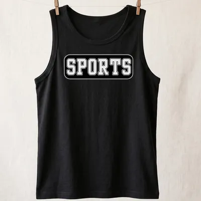 Bold typography t-shirt with the word SPORTS in black against white background — printed on a tank top