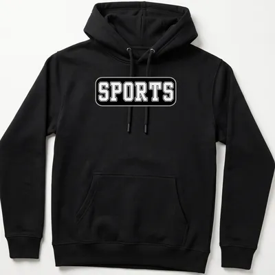Bold typography t-shirt with the word SPORTS in black against white background — printed on a unisex hoodie