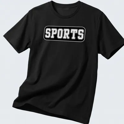 Bold typography t-shirt with the word SPORTS in black against white background