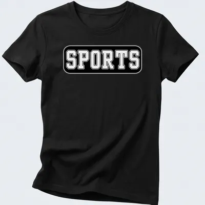 Bold typography t-shirt with the word SPORTS in black against white background — printed on a women's shirt