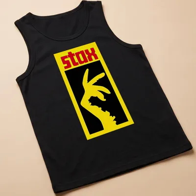 Bold graphic STAX hand gesture t-shirt in yellow, black, and red. — printed on a tank top