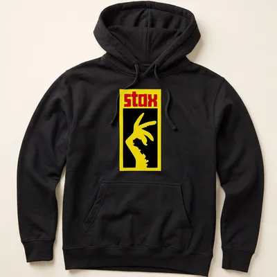 Bold graphic STAX hand gesture t-shirt in yellow, black, and red. — printed on a unisex hoodie
