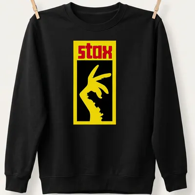 Bold graphic STAX hand gesture t-shirt in yellow, black, and red. — printed on a unisex sweatshirt
