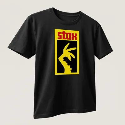 Bold graphic STAX hand gesture t-shirt in yellow, black, and red. — printed on a unisex t-shirt (angled view)