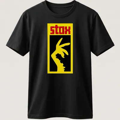 Bold graphic STAX hand gesture t-shirt in yellow, black, and red. — printed on a unisex t-shirt