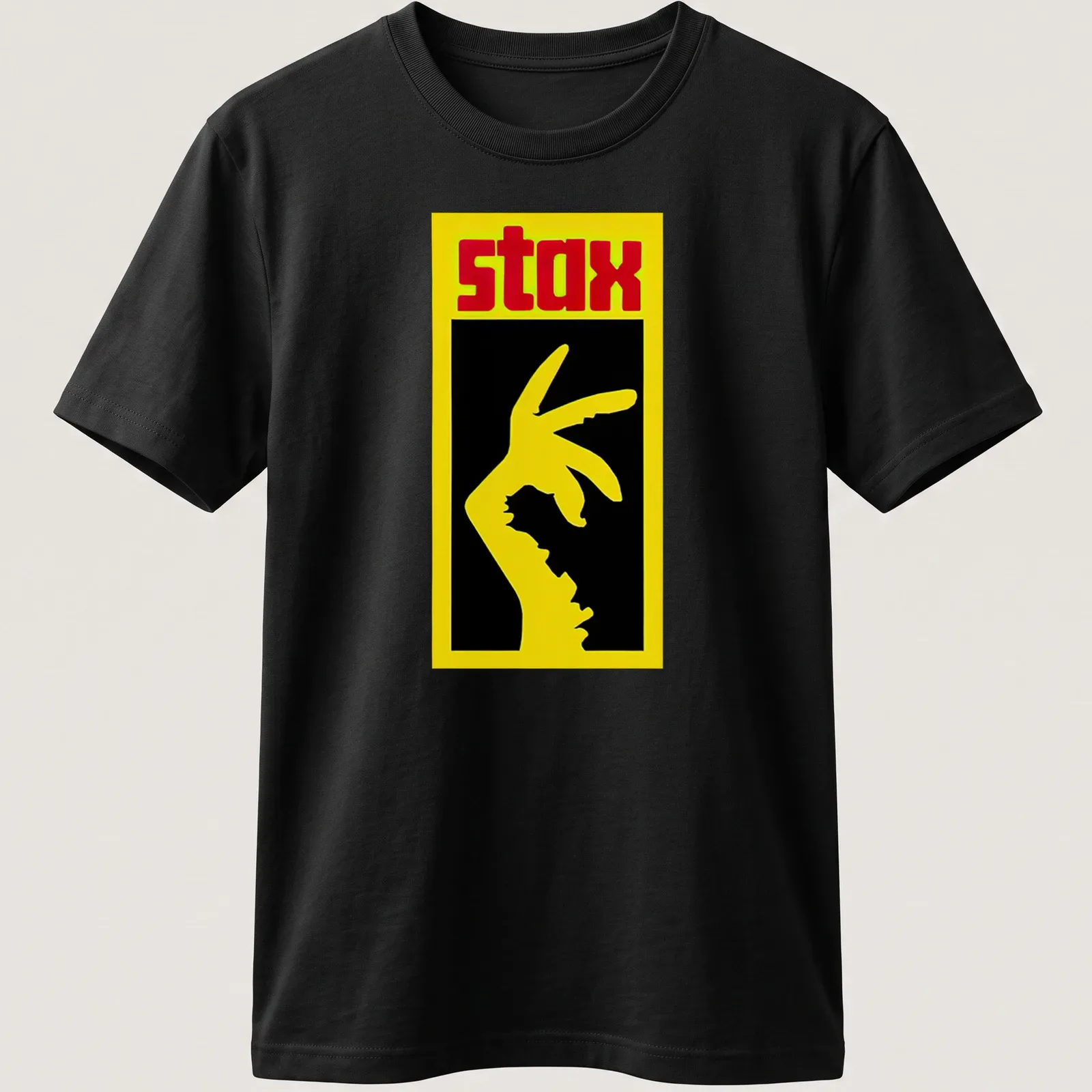Bold graphic STAX hand gesture t-shirt in yellow, black, and red. — printed on a unisex t-shirt