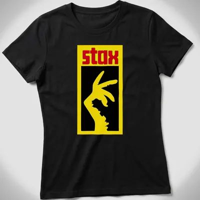 Bold graphic STAX hand gesture t-shirt in yellow, black, and red. — printed on a women's shirt
