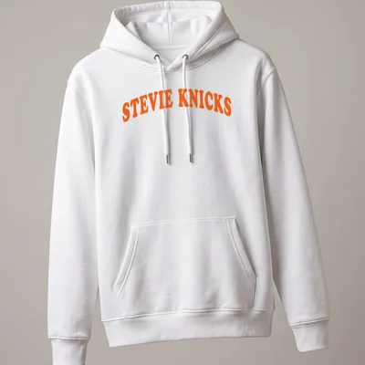 Bold retro Stevie Knicks t-shirt with orange and white lettering — printed on a unisex hoodie