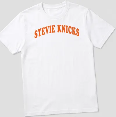 Bold retro Stevie Knicks t-shirt with orange and white lettering