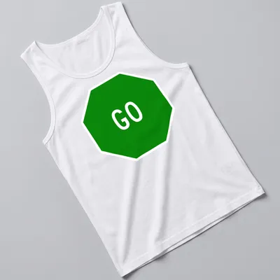 Graphic t-shirt featuring a green stop sign with the word GO in bold white letters — printed on a tank top