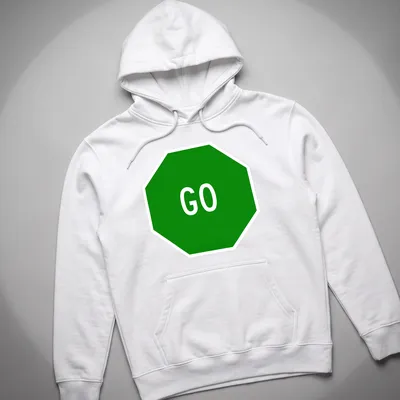 Graphic t-shirt featuring a green stop sign with the word GO in bold white letters — printed on a unisex hoodie