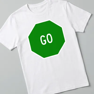 Graphic t-shirt featuring a green stop sign with the word GO in bold white letters