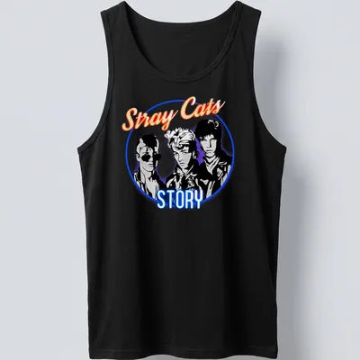 80s style band portrait with neon colors featuring Stray Cats — printed on a tank top