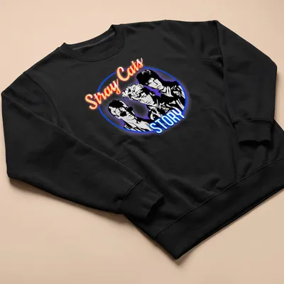80s style band portrait with neon colors featuring Stray Cats — printed on a unisex sweatshirt
