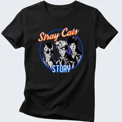 80s style band portrait with neon colors featuring Stray Cats — printed on a women's shirt