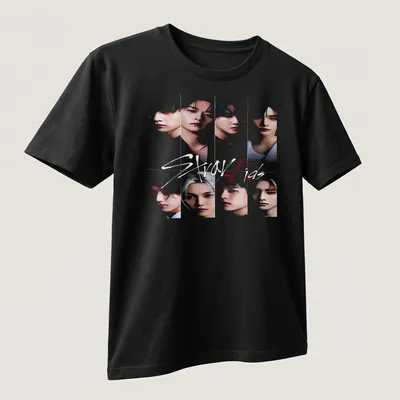 Collage art tee featuring Stray Kids in vibrant colors — printed on a unisex t-shirt (angled view)