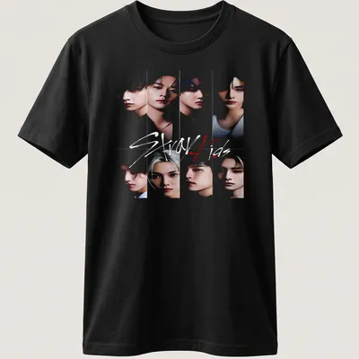 Collage art tee featuring Stray Kids in vibrant colors