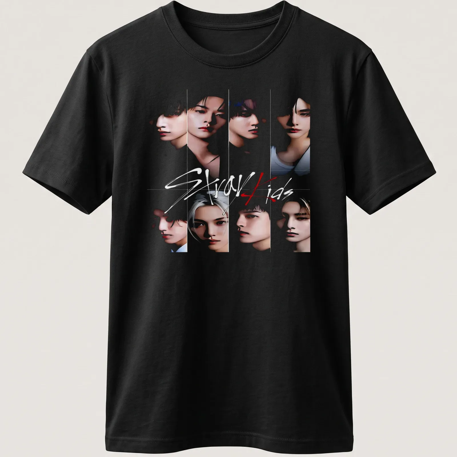 Collage art tee featuring Stray Kids in vibrant colors — printed on a unisex t-shirt