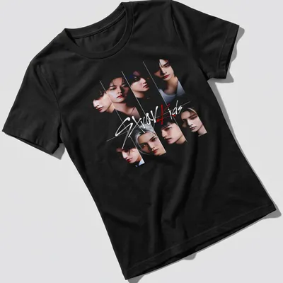 Collage art tee featuring Stray Kids in vibrant colors — printed on a women's shirt
