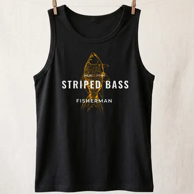 Line art of a striped bass with the text New York PED in orange. — printed on a tank top