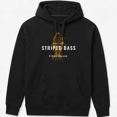 Line art of a striped bass with the text New York PED in orange. — printed on a unisex hoodie