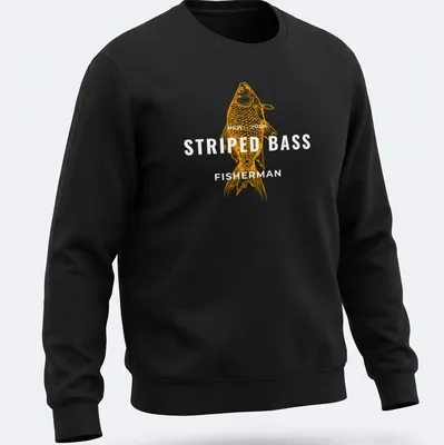 Line art of a striped bass with the text New York PED in orange. — printed on a unisex sweatshirt