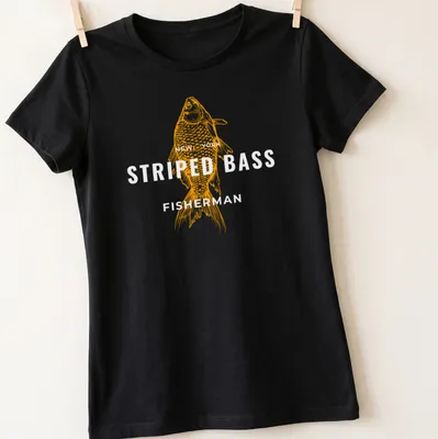 Line art of a striped bass with the text New York PED in orange. — printed on a women's shirt