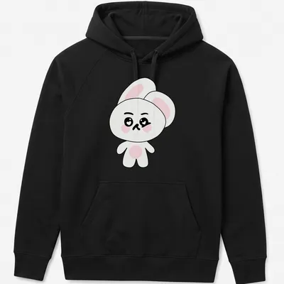 Kawaii Suho Bunny character design in white, pink, and black colors. — printed on a unisex hoodie