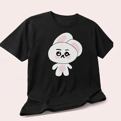 Kawaii Suho Bunny character design in white, pink, and black colors. — printed on a unisex t-shirt (angled view)