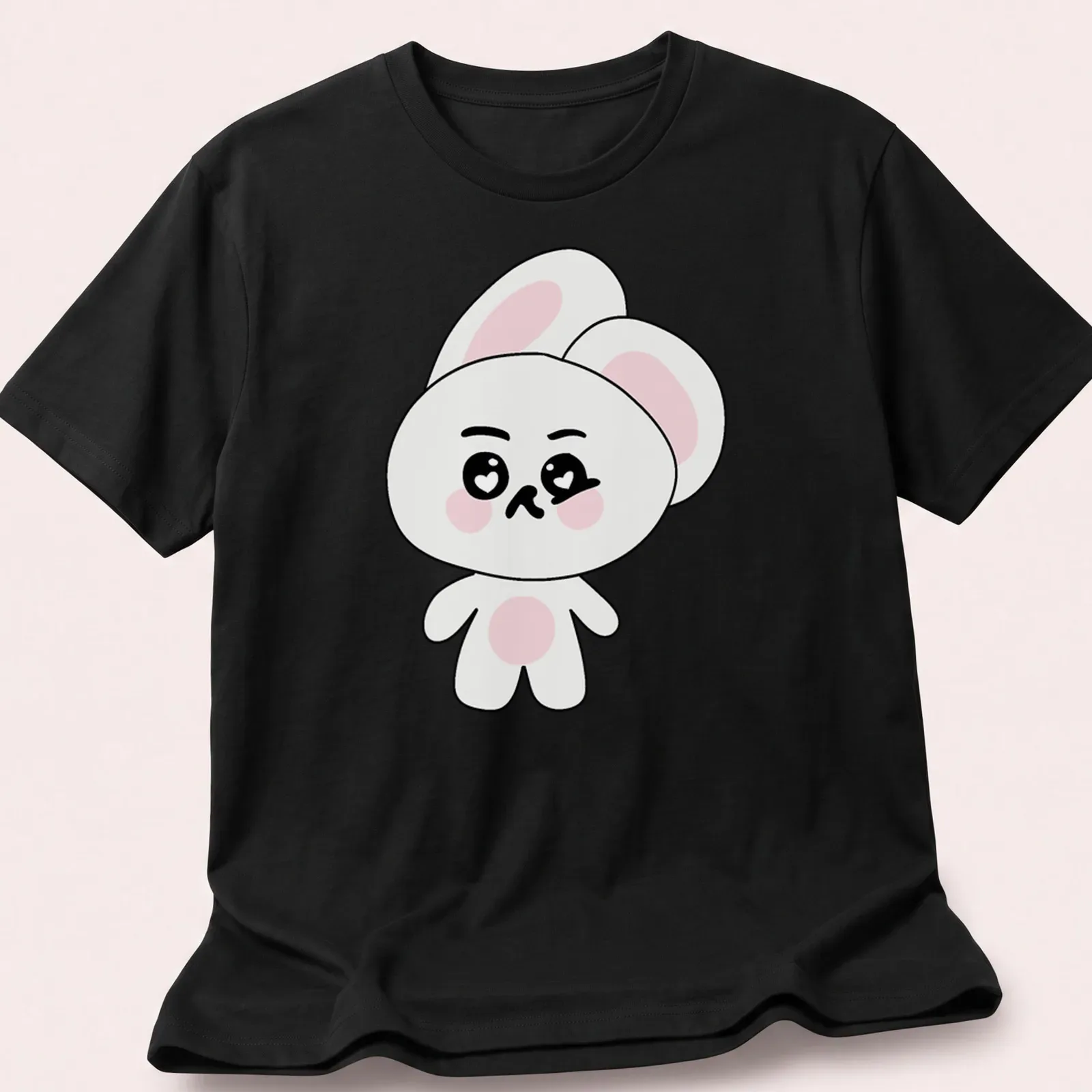 Kawaii Suho Bunny character design in white, pink, and black colors. — printed on a unisex t-shirt