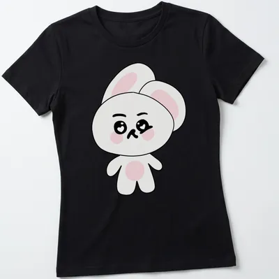 Kawaii Suho Bunny character design in white, pink, and black colors. — printed on a women's shirt
