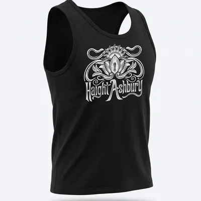 White t-shirt with the words Haight Ashbury and a Sun Lotus graphic — printed on a tank top