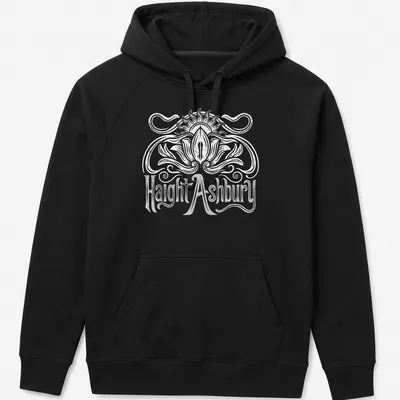 White t-shirt with the words Haight Ashbury and a Sun Lotus graphic — printed on a unisex hoodie