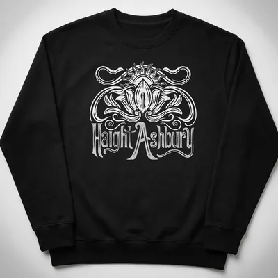 White t-shirt with the words Haight Ashbury and a Sun Lotus graphic — printed on a unisex sweatshirt