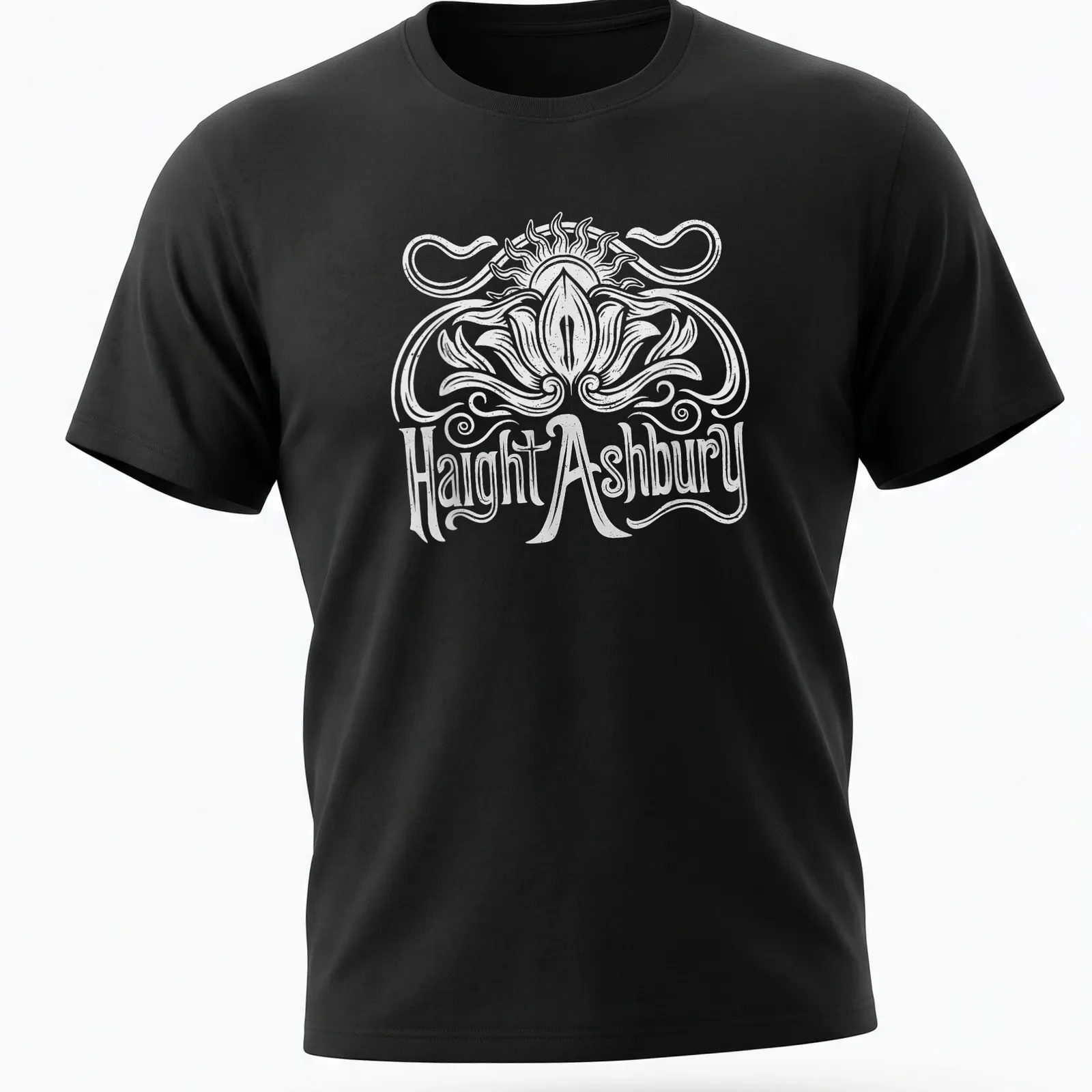 White t-shirt with the words Haight Ashbury and a Sun Lotus graphic — printed on a unisex t-shirt