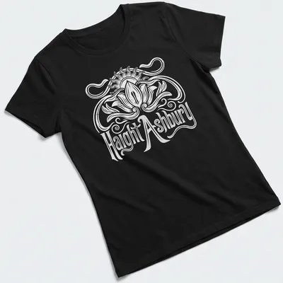 White t-shirt with the words Haight Ashbury and a Sun Lotus graphic — printed on a women's shirt