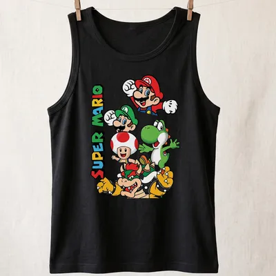 Retro cartoon Super Mario characters on a colorful — printed on a tank top
