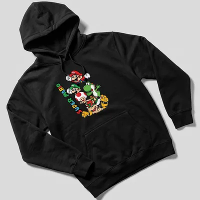Retro cartoon Super Mario characters on a colorful — printed on a unisex hoodie