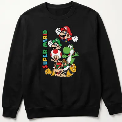 Retro cartoon Super Mario characters on a colorful — printed on a unisex sweatshirt