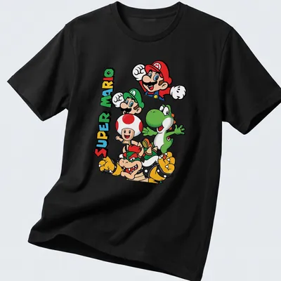 Retro cartoon Super Mario characters on a colorful T-shirt