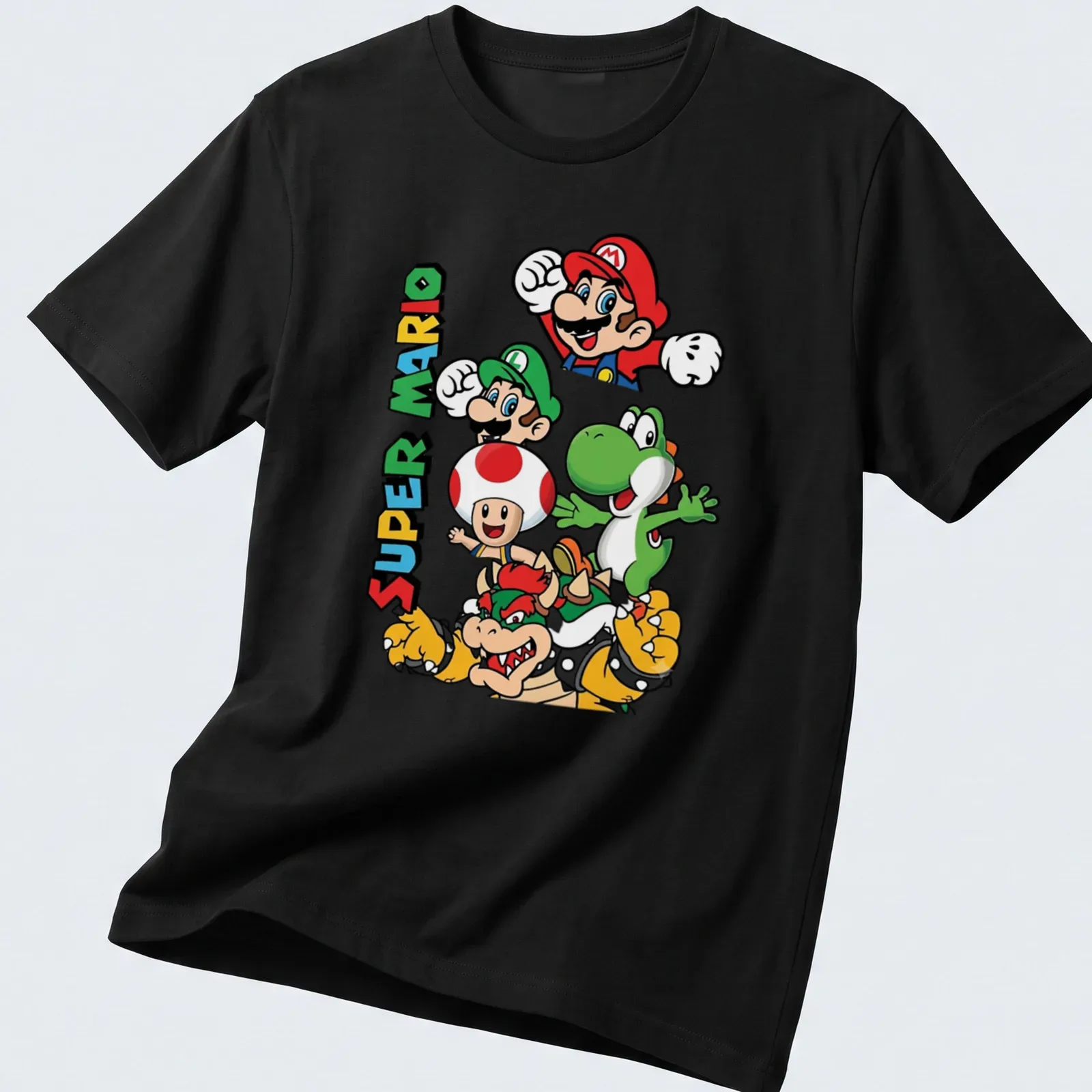 Retro cartoon Super Mario characters on a colorful — printed on a unisex t-shirt