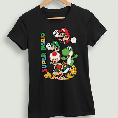 Retro cartoon Super Mario characters on a colorful — printed on a women's shirt