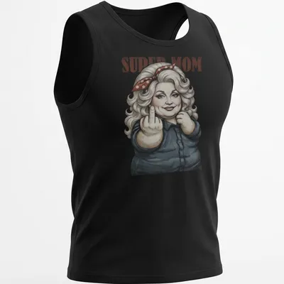 Vintage-inspired t-shirt featuring Dolly Parton with a middle finger and SUPER MOM text — printed on a tank top
