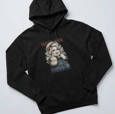 Vintage-inspired t-shirt featuring Dolly Parton with a middle finger and SUPER MOM text — printed on a unisex hoodie