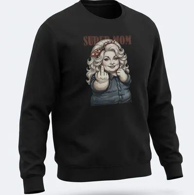 Vintage-inspired t-shirt featuring Dolly Parton with a middle finger and SUPER MOM text — printed on a unisex sweatshirt