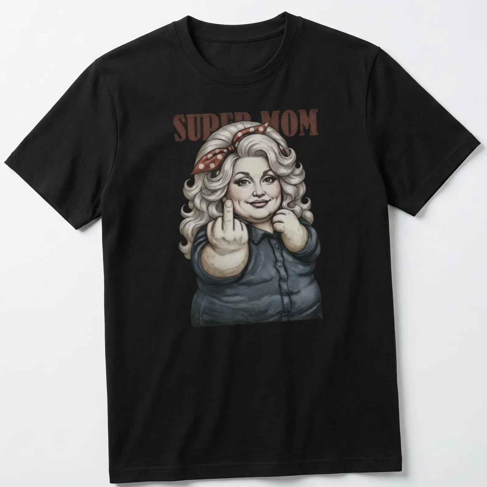 Vintage-inspired t-shirt featuring Dolly Parton with a middle finger and SUPER MOM text — printed on a unisex t-shirt