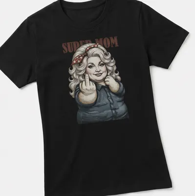 Vintage-inspired t-shirt featuring Dolly Parton with a middle finger and SUPER MOM text — printed on a women's shirt