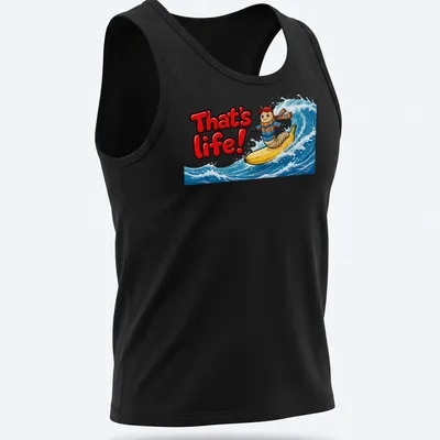 Cartoon design of a worm surfing on a banana with text 'That's life!' — printed on a tank top